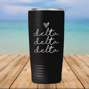 Delta Delta Delta Sorority Handwriting Script Engraved Vacuum Travel Mug